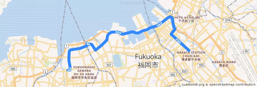 Mapa del recorrido 金武線　藤崎⇒都市高速⇒博多駅地区 de la línea  en 福岡市.