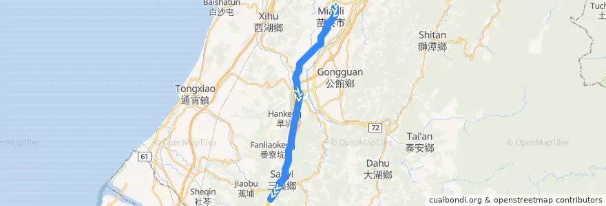 Mapa del recorrido 5664 苗栗→三義(經銅鑼) de la línea  en Miaoli County.