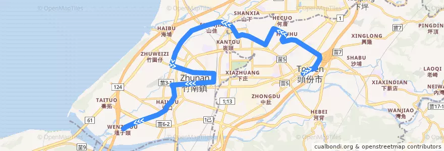 Mapa del recorrido 5813 頭份→海口里(經後庄) de la línea  en Miaoli County.