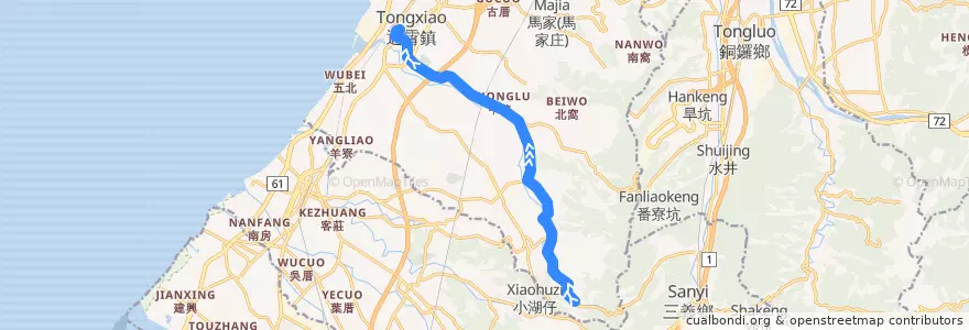 Mapa del recorrido 5820 通霄→大坑尾(經福興) de la línea  en 通霄鎮.