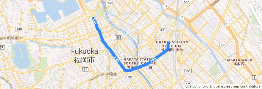 Mapa del recorrido シーサイドももち線;金武線　那の津口⇒博多駅 de la línea  en 福冈市.