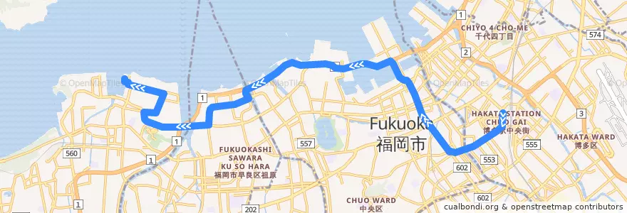Mapa del recorrido シーサイドももち線　博多駅⇒能古渡船場 de la línea  en 福岡市.