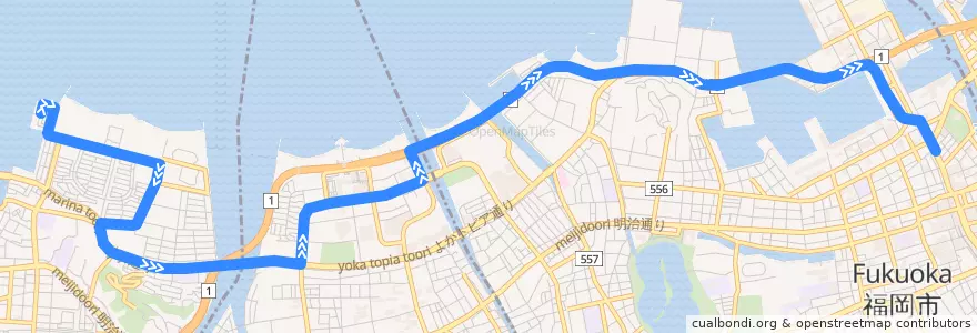Mapa del recorrido シーサイドももち線　能古渡船場⇒那の津口 de la línea  en 福岡市.