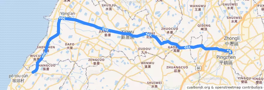 Mapa del recorrido 5027 中壢→後湖 de la línea  en Таоюань.