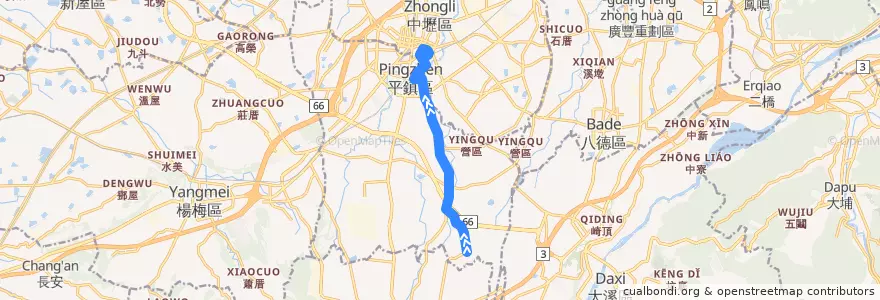 Mapa del recorrido 5674 中壢－金雞湖(經東勢) de la línea  en 平鎮區.
