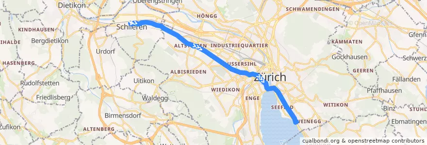 Mapa del recorrido Tram 2: Schlieren Geissweid → Bahnhof Tiefenbrunnen de la línea  en زيورخ.