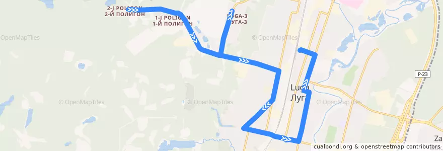 Mapa del recorrido Автобус № 2: ЦАОК => автовокзал de la línea  en Лужское городское поселение.