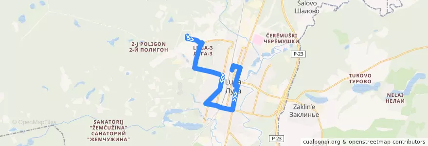 Mapa del recorrido Автобус № 7: ЦАОК, гостиница => автовокзал de la línea  en Лужское городское поселение.