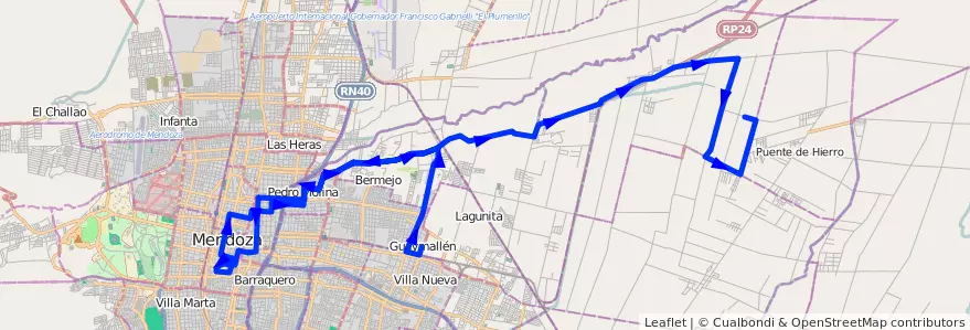 Mapa del recorrido 54 - Bermejo - Algarrobal - Casa de Gob. - Colonia Molina de la línea G05 en Mendoza.
