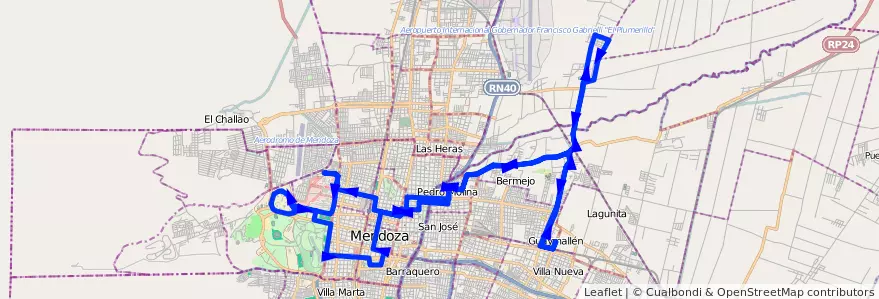 Mapa del recorrido 54 - Bermejo - Algorrobal - Hospitales - U.N.C. de la línea G05 en Mendoza.