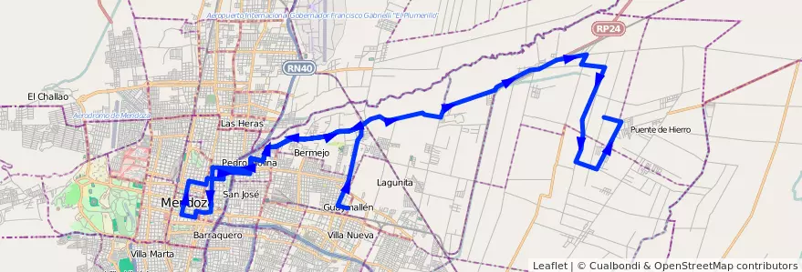 Mapa del recorrido 54 - Bermejo - Centro - Colonia Molina  de la línea G05 en Мендоса.