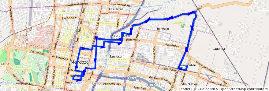 Mapa del recorrido 54 - Bermeno - Casa de Gob. - Control de la línea G05 en Mendoza.
