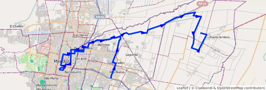 Mapa del recorrido 54 - Colonia Molina - Centro - Casa de Gob. - Control  de la línea G05 en Mendoza.