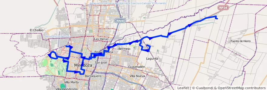 Mapa del recorrido 54 - Colonia Segovia - Hospitales - U.N.C. - El Carmen  de la línea G05 en Mendoza.
