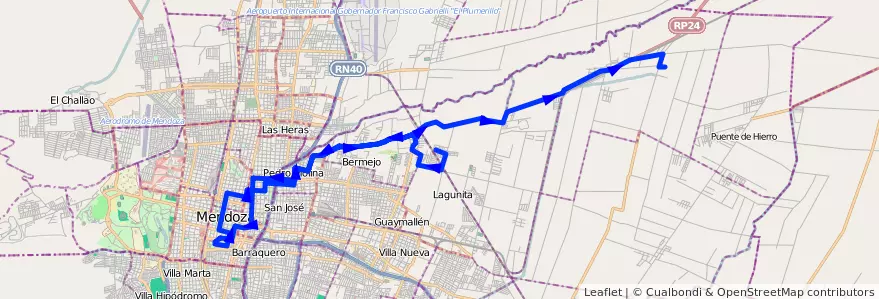 Mapa del recorrido 54 - El Carmen - Centro - Casa de Gob. - Hospital el Sauce - Colonia Molina de la línea G05 en Мендоса.