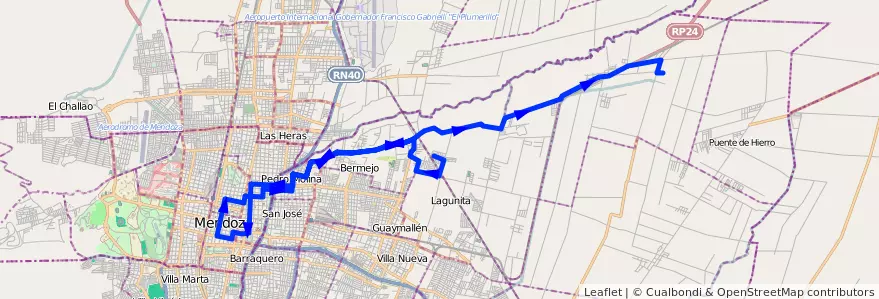 Mapa del recorrido 54 - El Carmen - Centro - Hospital el Sauce - Colonia Segovia de la línea G05 en Mendoza.