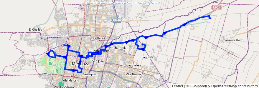Mapa del recorrido 54 - El Carmen - Hospital - U.N.C. - Colonia Segovia  de la línea G05 en Мендоса.