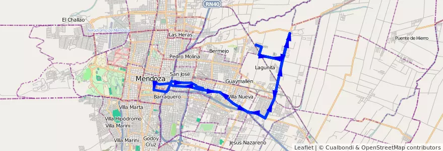 Mapa del recorrido 54 - Hospital Notti por Tirasso de la línea G05 en Departamento Guaymallén.