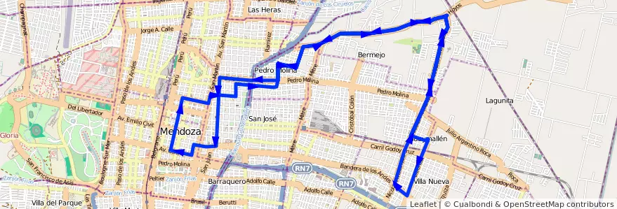 Mapa del recorrido 54 - Muni. de Guaymallén - Entrada al Bº Carmen - Bermejo - Centro de la línea G05 en Мендоса.