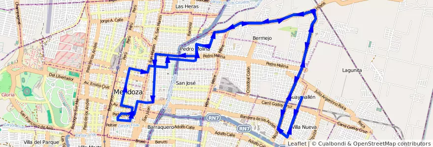 Mapa del recorrido 54 - Muni. de Guaymallén - Escuela Pouget Bermejo - Casa de Gob. - Muni de Guaymallén de la línea G05 en Mendoza.