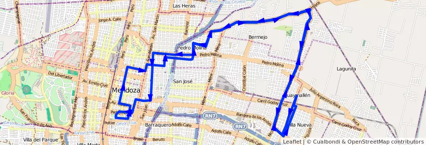 Mapa del recorrido 54 - Muni. Guaymallén - Bermejo - Casa de Gob. - Muni. Guaymallén de la línea G05 en Мендоса.