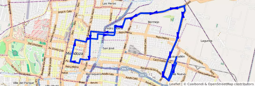 Mapa del recorrido 54 - Muni. Guaymallén - Bermejo - Muni. Guaymallén de la línea G05 en Mendoza.