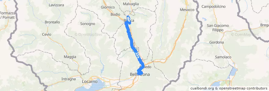 Mapa del recorrido Bus 193: Biasca => Bellinzona de la línea  en Ticino.