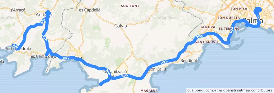 Mapa del recorrido Bus 102: Port d'Andratx → Palma de la línea  en Ilhas Baleares.