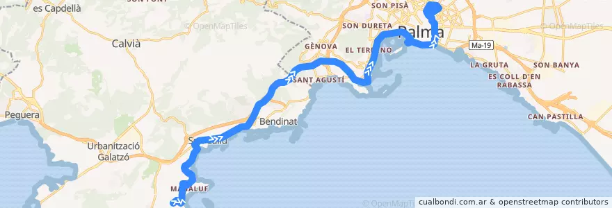 Mapa del recorrido Bus 106: Magaluf → Palma de la línea  en Isole Baleari.