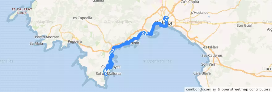 Mapa del recorrido Bus 107: Cala Vinyes → Palma de la línea  en 발레아레스 제도.