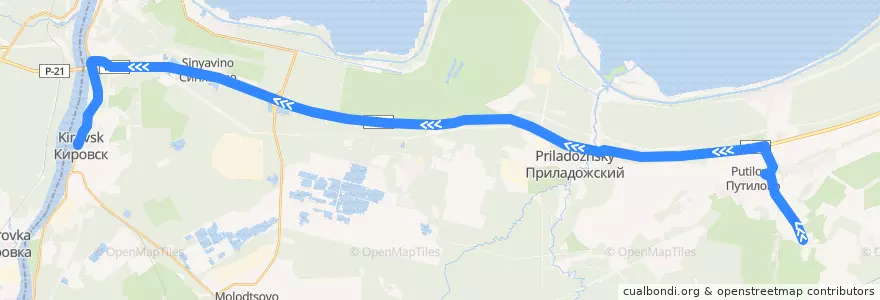 Mapa del recorrido Автобус № 589: Валовщина => Путилово => Кировск de la línea  en Кировский район.