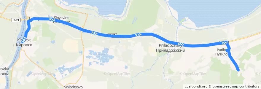 Mapa del recorrido Автобус № 589: Кировск => Путилово => Валовщина de la línea  en Кировский район.