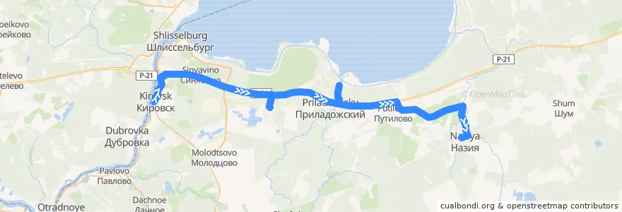 Mapa del recorrido Автобус № 590: Кировск => Синявино-2 => Назия => ж/д ст. Жихарево de la línea  en Кировский район.