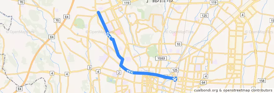 Mapa del recorrido 関東自動車バス[53] 宇都宮駅⇒和尚塚⇒細谷車庫 de la línea  en 宇都宮市.