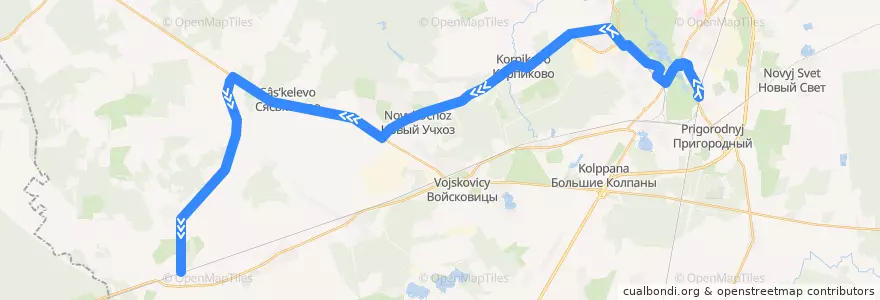Mapa del recorrido Автобус № 543: Гатчина, Варшавский вокзал => Елизаветино de la línea  en Гатчинский район.