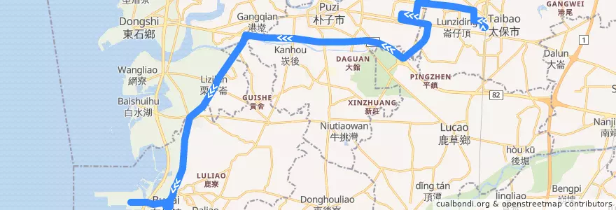 Mapa del recorrido 168(往高跟鞋教堂_往程) de la línea  en Condado de Chiayi.