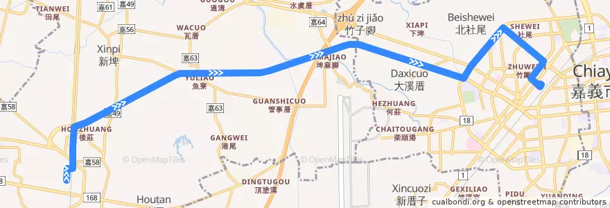 Mapa del recorrido 7212 BRT2(往程) de la línea  en 嘉義県.