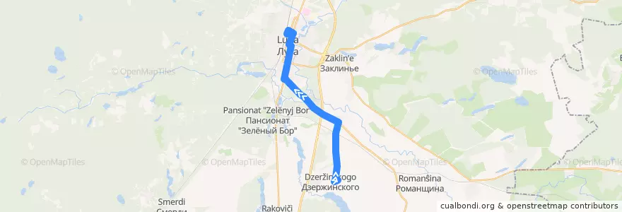 Mapa del recorrido Автобус № 131: Посёлок Дзержинского => Луга de la línea  en Лужский район.
