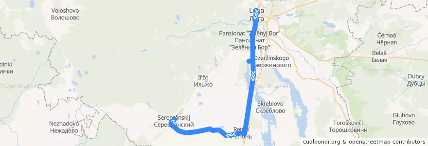 Mapa del recorrido Автобус № 135: Луга => Серебрянский de la línea  en Лужский район.