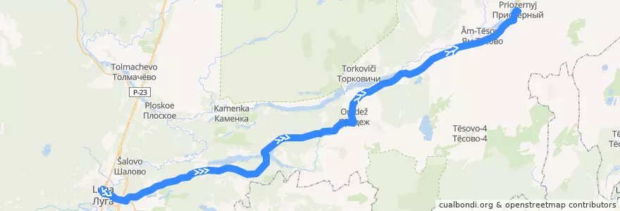 Mapa del recorrido Автобус № 142А: Луга => Приозёрный de la línea  en Лужский район.
