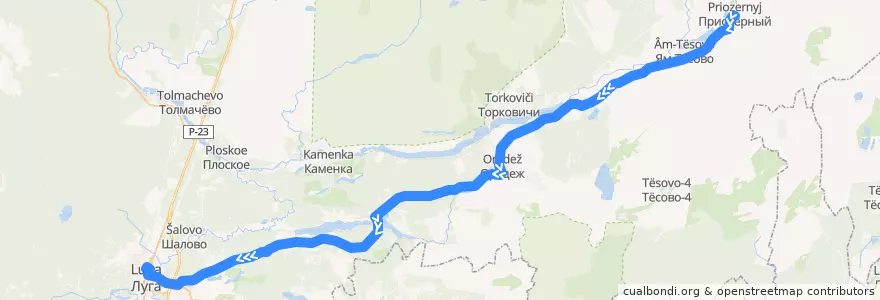 Mapa del recorrido Автобус № 142А: Приозёрный => Луга de la línea  en Лужский район.