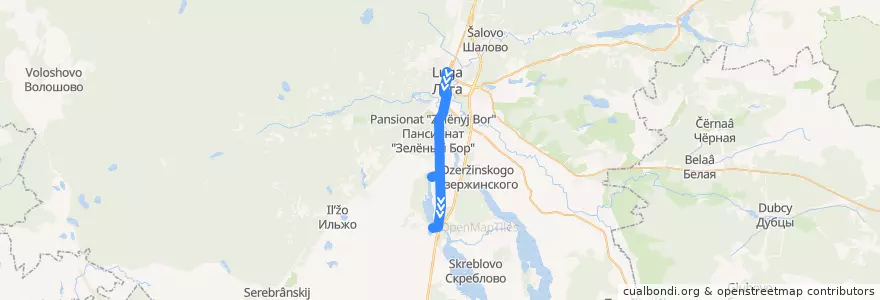 Mapa del recorrido Автобус № 157: Луга => Калгановка => Межозёрный de la línea  en Лужский район.