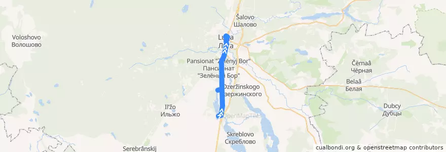 Mapa del recorrido Автобус № 157: Межозёрный => Калгановка => Луга de la línea  en Лужский район.