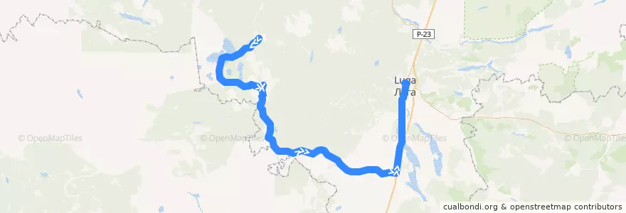 Mapa del recorrido Автобус № 180: Большие Сабицы => Луга de la línea  en Лужский район.
