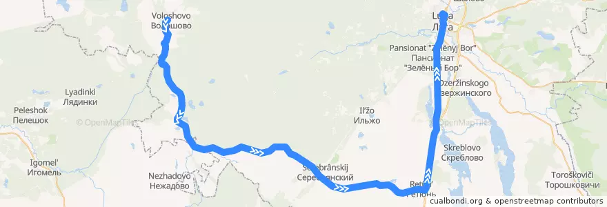 Mapa del recorrido Автобус № 180: Волошово => Луга de la línea  en Лужский район.