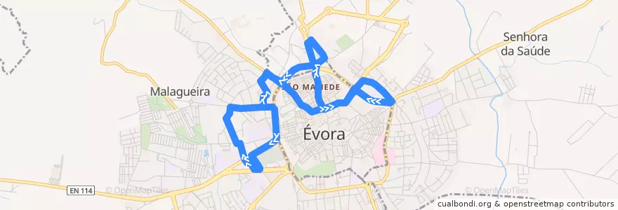 Mapa del recorrido 52 Linha Azul - Zona Norte de la línea  en Évora.