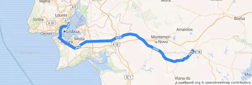 Mapa del recorrido Intercidades: Lisboa → Évora de la línea  en 포르투갈.