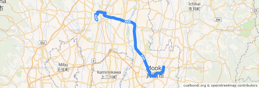 Mapa del recorrido 東野交通バス 西原車庫⇒石法寺⇒真岡営業所 de la línea  en Tochigi Prefecture.
