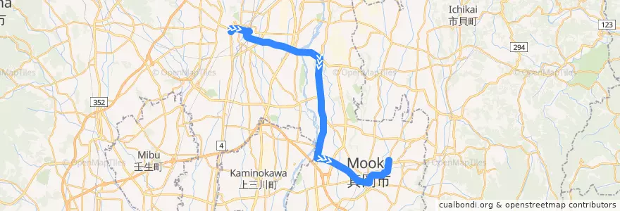 Mapa del recorrido 宇都宮東武⇒亀山⇒真岡営業所 de la línea  en 도치기현.