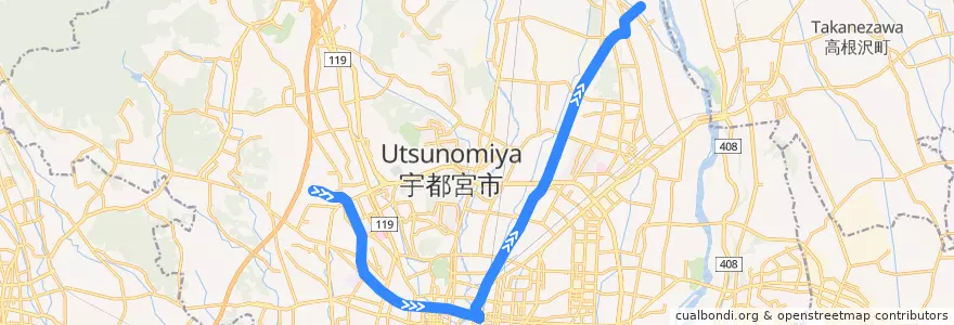 Mapa del recorrido 関東自動車バス[71] 宝木団地⇒白沢河原 de la línea  en 宇都宮市.